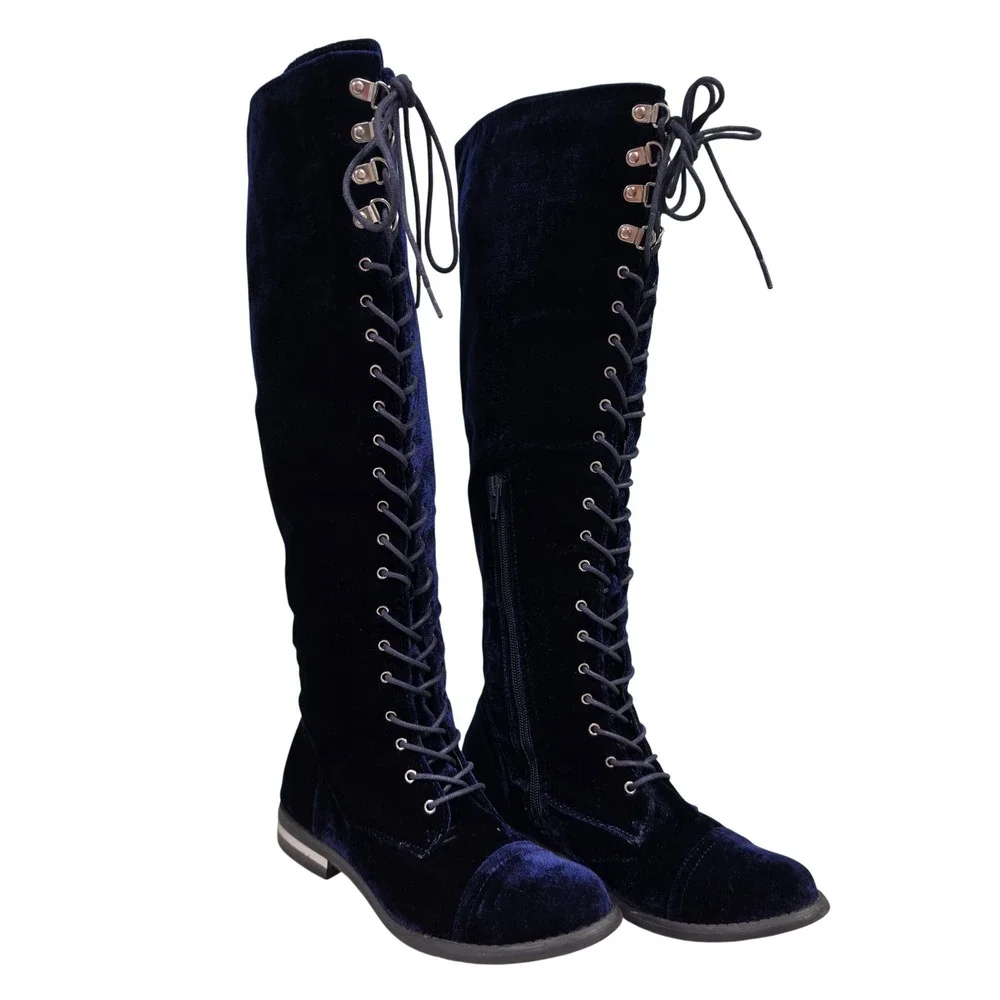 Steampunk Tall Boots Womens 7.5 Blue Jermesha Velvet Lace Up Side Zip Boots